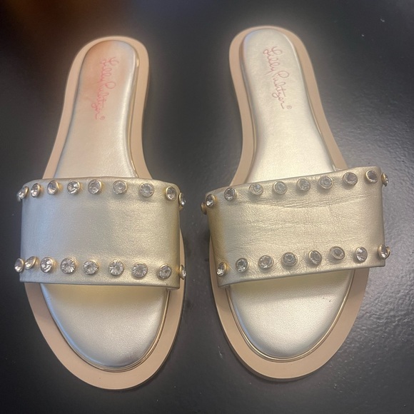Lilly Pulitzer Shoes - Lilly Pulitzer Metallic Gold Crystal-Stud Slide Sandals